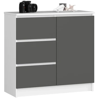 Abbildung von AKORD Kommode K 80 Jerry mit 3 Schubladen Schrank 2 Einlegeböden und 1 Tür Für das Wohnzimmer Schlafzimmer Moderne 16mm Laminierte Platte 80x77x35 cm Weiß + Graphitgrau Front
