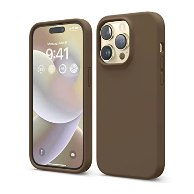Abbildung von elago Schutzhülle für iPhone 14 Pro, Flüssigsilikon, Ganzkörper Schutzhülle, stoßfest, schlanke Handyhülle, kratzfestes weiches Mikrofaserfutter, 15,5 cm (6,1 Zoll), Braun