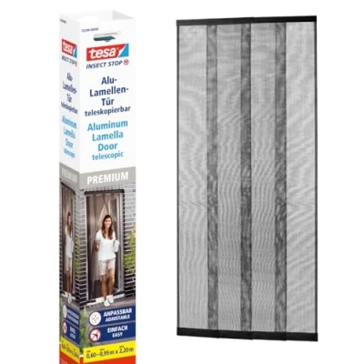 Abbildung von tesa Insektenschutz Vorhang Insect Stop Alu Lamellentür teleskopierbar 0,60m 0,95m max. 2,20m, (Packung, 1 St., teleskopierbar, selbstklebendes Premium Klettband), Insektenschutzvorhang mit Lamellen für Balkon und Terrassentüren