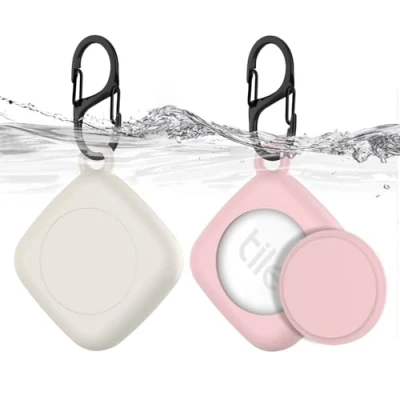 Abbildung von [2 Stück] Halterung für Tile Mate（2022）, MOWYEOK Silikon GPS Tracker Verstecktes wasserdichtes Halterung, Mit Schlüsselanhänger, Geeignet Schlüssel, Geldbörse, Gepäck (Weiß+Rosa)
