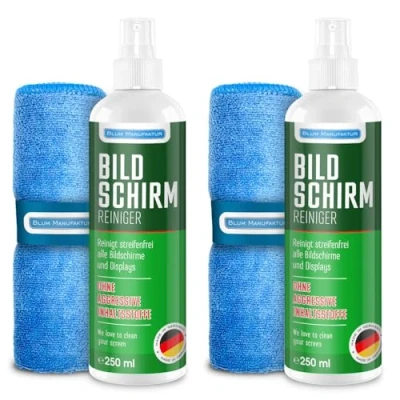 Abbildung von Blum Manufaktur Bildschirmreiniger 2 x 250 ml + 30x30 cm Mikrofasertuch Supersoft 365GSM Screen Cleaner Display Reiniger