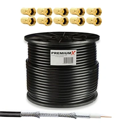 Abbildung von Premium X 100m Basic Koaxialkabel schwarz 135dB 4 Fach geschirmt SAT TV Koax Antennenkabel Satelliten Kabel 10x F Stecker
