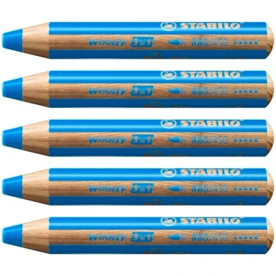 Abbildung von Buntstift, Wasserfarbe &amp; Wachsmalkreide STABILO woody 3 in 1 5er Pack cyanblau