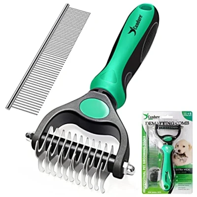Abbildung von Candure Hundebürste Langhaar und Katzenbürste Doppelt Seitlich 11+6 Edelstahl Unterwolle Bürste für Kleine Mittel Hunde Entfernen, Entwirren Knoten Kurzhaar Rassen (Grün)