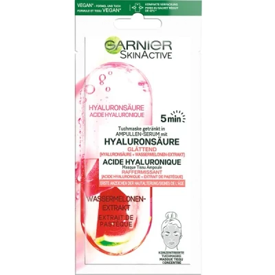 Abbildung von Garnier Tuchmaske, Gesichtsmaske für erste Anzeichen der Hautalterung, Glättend, Getränkt in Ampullen Serum, Vegane Formel mit Hyaluronsäure und Wassermelonen Extrakt, 15 g