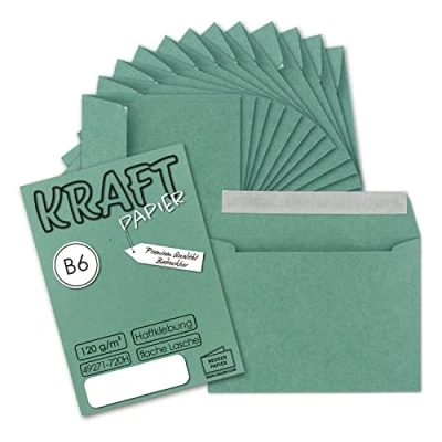 Abbildung von 50x Vintage Umschläge in Eukalyptus (grün) DIN B6 125 x 176 mm 120 g/m² Kraftpapier Recycling Haftklebung GUSTAV NEUSER