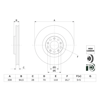Abbildung von BOSCH 0 986 479 E88 Bremsscheibe 330 28 5 110 Belüftet beschichtet hochgekohlt ALFA ROMEO: Giulia Limousine, Stelvio