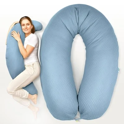 Abbildung von sei Design Stillkissen XXL Set Mikroperlen Füllung Musselin Bezug + noch 1 X Stillkissenbezug aus Bio Baumwolle, ergonomisches Schwangerschaftskissen Seitenschläferkissen Babynestchen
