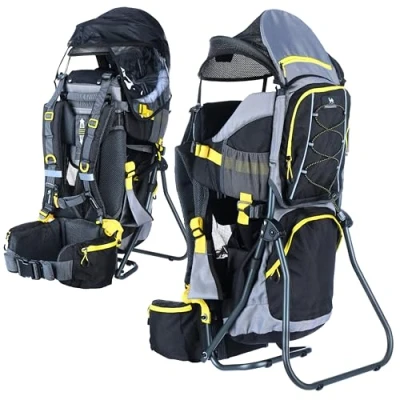 Abbildung von DROMADER Kraxe Kindertrage bis 22kg Kindertragerucksack für Kinder tragbare Kinderrückentrage Reise Kinderkraxe mit Aufbewahrungstasche, Sonnendach und Regenschutz Schwarz &amp; Gelb