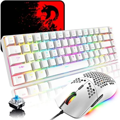 Abbildung von ZIYOU LANG RGB Gaming Tastatur und Maus Set, 68 Tasten Blauer Schalter 60% Mini Chroma Mechanische Tastatur, 6400DPI Leichte Optische Waben Maus, USB Kabel, Kompatibel mit Windows Mac PS4 Xbox, Weiß