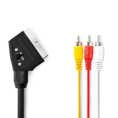 Abbildung von NEDIS SCART Kabel Stecker 3X Cinch Vernickelt Schaltbar 480p rund PVC Schwarz Plastikbeutel 1.00 m