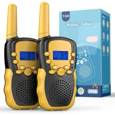 Abbildung von Kearui Walkie Talkie Kinder für Jungen Mädchen, Funkgeräte Outdoor Spielzeug ab 3 12 Jahre, mit 8 Kanäle &amp; LED Tastensperre Abenteuer, Klettern, Camping Schwarz Gelb
