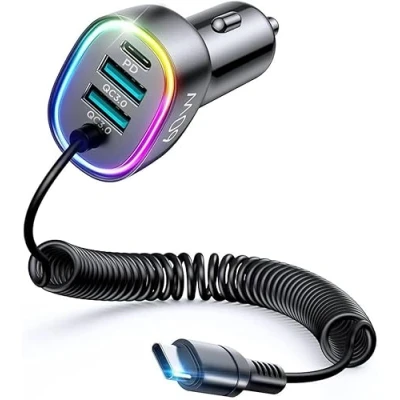 Abbildung von 4 in 1 Auto Schnellladegerät PD, QC3.0, AFC, FCP mit USB Typ C Kabel 1,6 m 60 W schwarz (JR CL19)