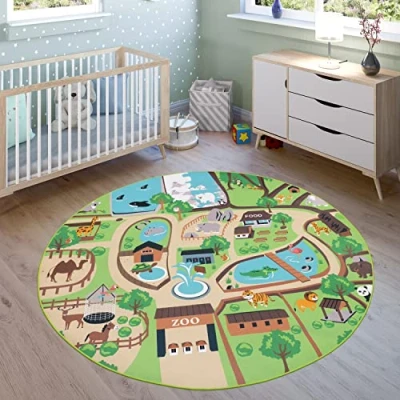 Abbildung von Paco Home Kinderteppich &quot;Bino 563&quot;, rund, Kurzflor, Straßen Spiel Teppich, Motiv Zoo, Kinderzimmer