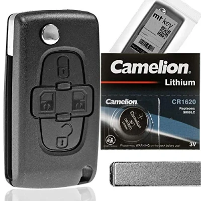 Abbildung von mt key Klapp Schlüssel Ersatz Gehäuse 3 Tasten LICHT + HU83 Rohling CR1620 Knopfzelle, (3 V), für Peugeot Citroen C4 Picasso C5 C8 Jumpy Funk Fernbedienung