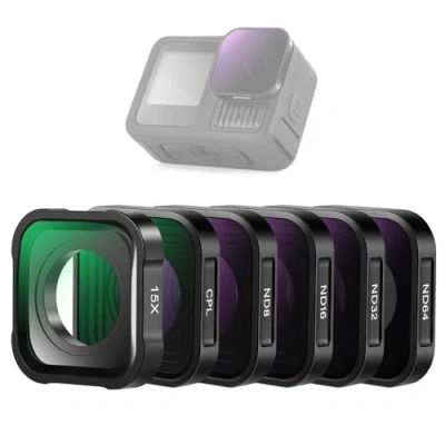 Abbildung von NEEWER ND Filter Set mit 15X Vergrößerungslinse, 6er Pack, ND8 ND16 ND32 ND64 ND1000 Graufilter CPL Polfilter + Nahaufnahmeobjektiv Kamera Fotozubehör, kompatibel GoPro Hero 13 12 11 10 9, FL GP24