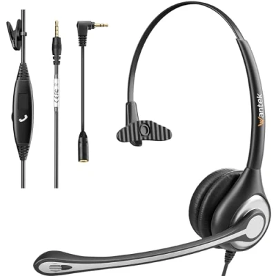 Abbildung von Headset Handy mit Mikrofon Noise Cancelling &amp; Lautstärkeregler, 3,5mm Klinke PC Kopfhörer für iPhone Samsung Laptop Business Skype SoftPhone LKW Fahrer Call Center Office, Klar Chat, Ultra Komfort
