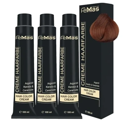 Abbildung von FemMas Haarfarbe 3x Mittelblond Amber Kupfer 7.84 I Professionelle Creme mit Arganöl, Keratin &amp; Ceramiden dauerthafte Haarfärbung oder Tönung für strahlende Farbergebnisse 100 ml