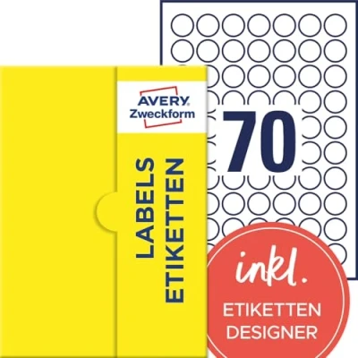 Abbildung von AVERY Zweckform P3414 25 runde Etiketten (1.750 Klebepunkte, Ø25mm auf A4, Aufkleber zum Bedrucken, selbstklebende Produktetiketten, permanent haftende Marmeladenetiketten) Blatt, weiß