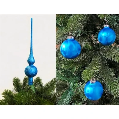Abbildung von JACK by Thüringer Glas Eislack Christbaumspitze 28cm + 12x Christbaumkugeln 6cm Spitze Weihnachtskugel Set, Farbe:Meerblau