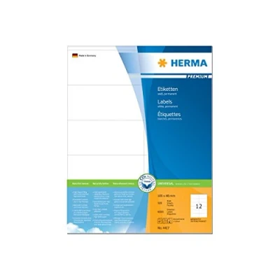 Abbildung von HERMA 4417 Universal Etiketten, 500 Blatt, 105 x 48 mm, 12 pro A4 Bogen, 6000 Stück, selbstklebend, bedruckbar, matt, blanko Papier Klebeetiketten Aufkleber, weiß