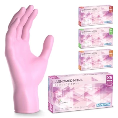 Abbildung von 500 Stück (5x100) ARNOMED Einweghandschuhe Rosa, Einmalhandschuhe XS, Nitril Handschuhe Einweg, Nitrilhandschuhe puderfrei, Gummihandschuhe Schutzhandschuhe, in S, M, L