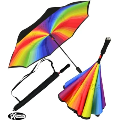 Abbildung von iX brella Langregenschirm Reverse Schirm umgedreht zu öffnen mit Automatik, perfekt um aus dem Auto ein oder auszusteigen