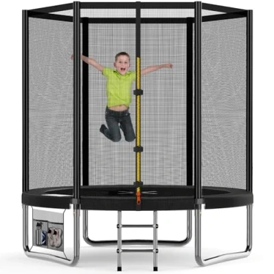 Abbildung von Devoko Trampolin Outdoor Ø 183/228/305/366/427 cm Indoor Kinder Gartentrampoline, Komplettset mit Schuhnetz, Leiter, Randabdeckung, Sicherheitsnetz, Belastbarkeit 50 kg (Schwarz)