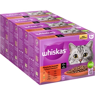 Abbildung von Whiskas 1+ Katzennassfutter Klassische Auswahl in Sauce, 12x85g (4 Packungen) Hochwertiges Nassfutter für ausgewachsene Katzen 48 Portionsbeuteln