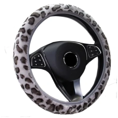 Abbildung von Universal Leopard Plüsch Auto Lenkradhülle Lenkrad Abdeckung Fell Lenkradbezug Winter Warme Lenkradabdeckung Weich Künstliche Wolle Lenkradschutz Lenkradschoner Zubehör für 3739 cm