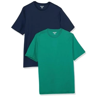 Abbildung von Amazon Essentials Herren Kurzärmliges T Shirt mit Rundhalsausschnitt in normaler Passform, 2er Pack, Grün/Marineblau, XS