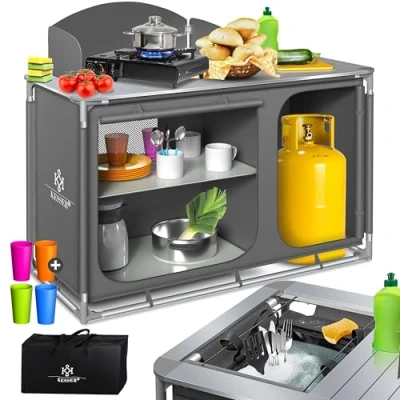 Abbildung von KESSER® Campingküche Inkl. Tragetasche &amp; Becherset Campingschrank Faltschrank mit Aluminiumgestell Reiseküche Küchenbox Zeltschrank Outdoor Camping Küche Grau Typ F4