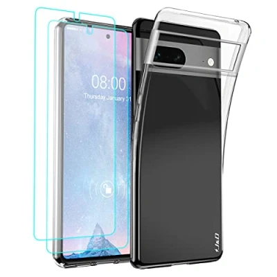 Abbildung von J&amp;D Kompatibel für Google Pixel 7 Hülle, Kristallklar Anti Gelb Schutzhülle mit (2er Pack) Displayschutzfolie, Schock TPU Bumper Case for 7, Nicht Pro, Transparent