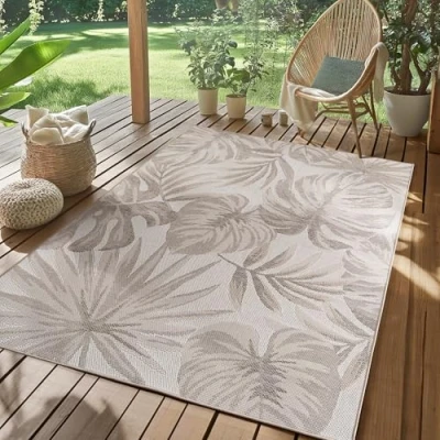 Abbildung von SIMPEX Outdoor Teppich Wetterfest Beige 120x170 cm, UV beständig, ideal für Küche, Balkon, Terrasse, Garten Wohnzimmer Esszimmer, Palmblätter Design, Pfelgeleicht