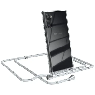 Abbildung von EAZY CASE Handykette kompatibel mit Samsung Galaxy Note 10 Handyhülle Umhängeband, Handykordel Schutzhülle, Silikonhülle, Hülle Band, Stylische Kette für Smartphone, Weiß/Silber