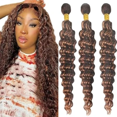 Abbildung von Tuheerst Capelli Umani Brasiliani Veri Tessitura Naturali Donna Deep Wave Bundles Human Hair P430 Highlight Brown Remy 22 Pollice