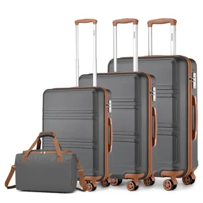 Abbildung von KONO Kofferset 4 Teilig Hartschalekoffer mit TSA Schloss Gepäcksets Handkoffer Mittelgroß Groß Trolleys 40x20x25cm Ryanair Reisetasche (55cm/65cm/74cm Koffer Trolley Set und Tasche), Grau/Braun
