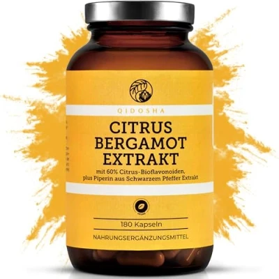 Abbildung von QIDOSHA® Citrus Bergamot Extrakt plus Piperin, 180 Kapseln im Apothekerglas, Zitrusbergamia Kapseln, deutsche Fertigung, jede Charge laborgeprüft, Piperin als Bioenhancer