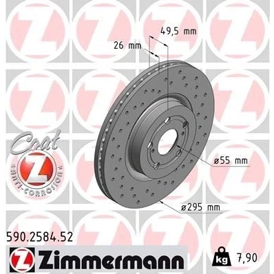 Abbildung von ZIMMERMANN SPORT COAT Z 590.2584.52 Bremsscheibe 295 26 7/5 5 100 innenbelüftet, gelocht beschichtet hochgekohlt TOYOTA: Avensis II Schrägheck