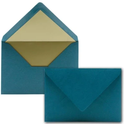 Abbildung von Kuverts in Petrol 50 Stück Brief Umschläge DIN C6 114 x 162 mm 11,4 16,2 cm Naßklebung matte Oberfläche &amp; Gold Metallic Fütterung ohne Fenster für Einladungen