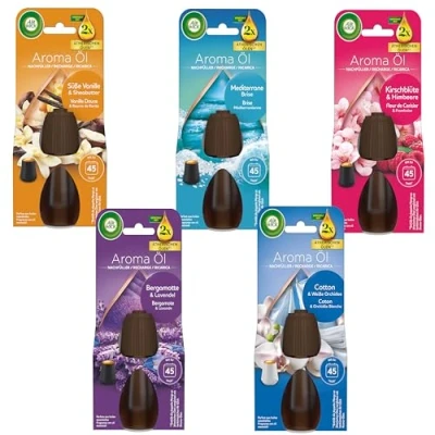 Abbildung von Air Wick Aroma Öl Flakon Refill SET 5x20ml 1x Cotton &amp; Weiße Orchidee, Bergamotte Lavendel, Mediterrane Brise, Vanille Sheabutter Kirschblüte Himbeere