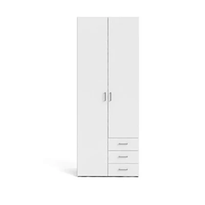 Abbildung von Kleiderschrank mit zwei Türen und drei Schubladen, Farbe Weiß, Maße 77 x 200 49,5 cm