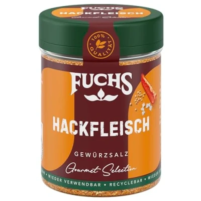Abbildung von Fuchs Gourmet Selection Klassisch/Heimisch Hackfleisch Gewürzsalz, nachfüllbares Gewürz, Salz zum Würzen von Frikadellen, Burgerpatties, vegetarischen Bratlingen &amp; Co, vegan, 80 g