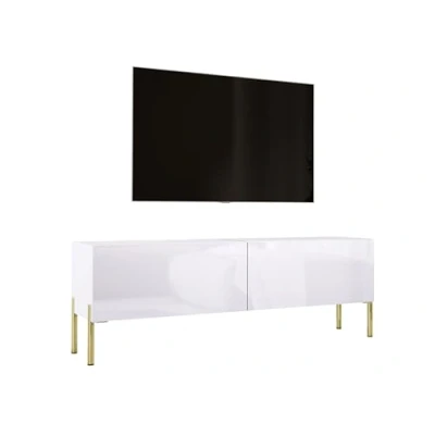 Abbildung von TV Schrank in Weiß Matt/Weiß Hochglanz mit Beinen Gold, A: B: 140 cm, H: 52 T: 32 cm