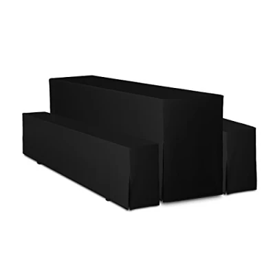 Abbildung von TexDeko® Hussen Bierzeltgarnitur 3 teiliges Set Premium Blickdicht strapazierfähig 2 Bierbankhusse 1 Biertischhusse 220x50cm für Festzeltgarnitur (Schwarz)