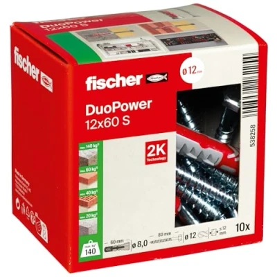 Abbildung von fischer DuoPower 12 x 60 S, Universaldübel mit Sicherheitsschraube, 2 Komponenten Dübel, Kunststoffdübel zur Befestigung in Beton, Ziegeln, Stein, Gipskarton uvm., 10 Dübel + Schrauben