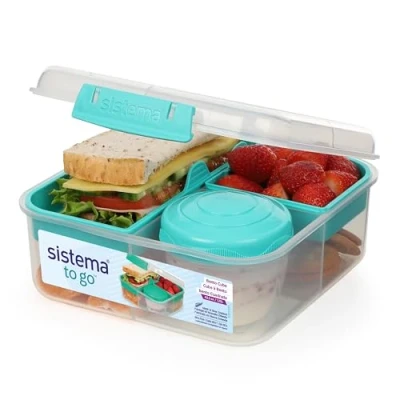 Abbildung von Sistema Bento Box TO GO Brotdose mit Fächern 1,25 l Lunchbox Joghurt /Fruchtbehälter für Kinder &amp; Erwachsene BPA frei Minty Teal [21685 8T]