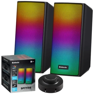 Abbildung von Defender® Desktop Lautsprecher für PC, Laptop, Speaker Set mit USB Stromversorgung, Micro SD Karte bis 64GB, Bluetooth 5.2 HiFi Stereo 6 Farbigen LED Modi, Gaming Lautsprecher, Schwarz