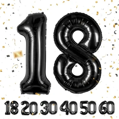 Abbildung von 18 Geburtstag Deko zahlen luftballon jahre Folienballon Schwarz für 18. Geburtstagsdeko Männer Frauen Ballon Zahl zum fliegt mit Helium 18.Geburtstagsparty 40&quot; 101cm Black,