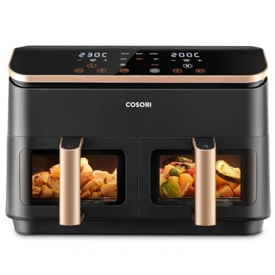 Abbildung von COSORI Heißluftfritteuse 2 Kammern, Testsieger der Stiftung Warentest, 6 in 1 Dual Zone Airfryer 8,5 L, Doppelkammer mit Sichtfenster für vollständige Mahlzeit, Gold